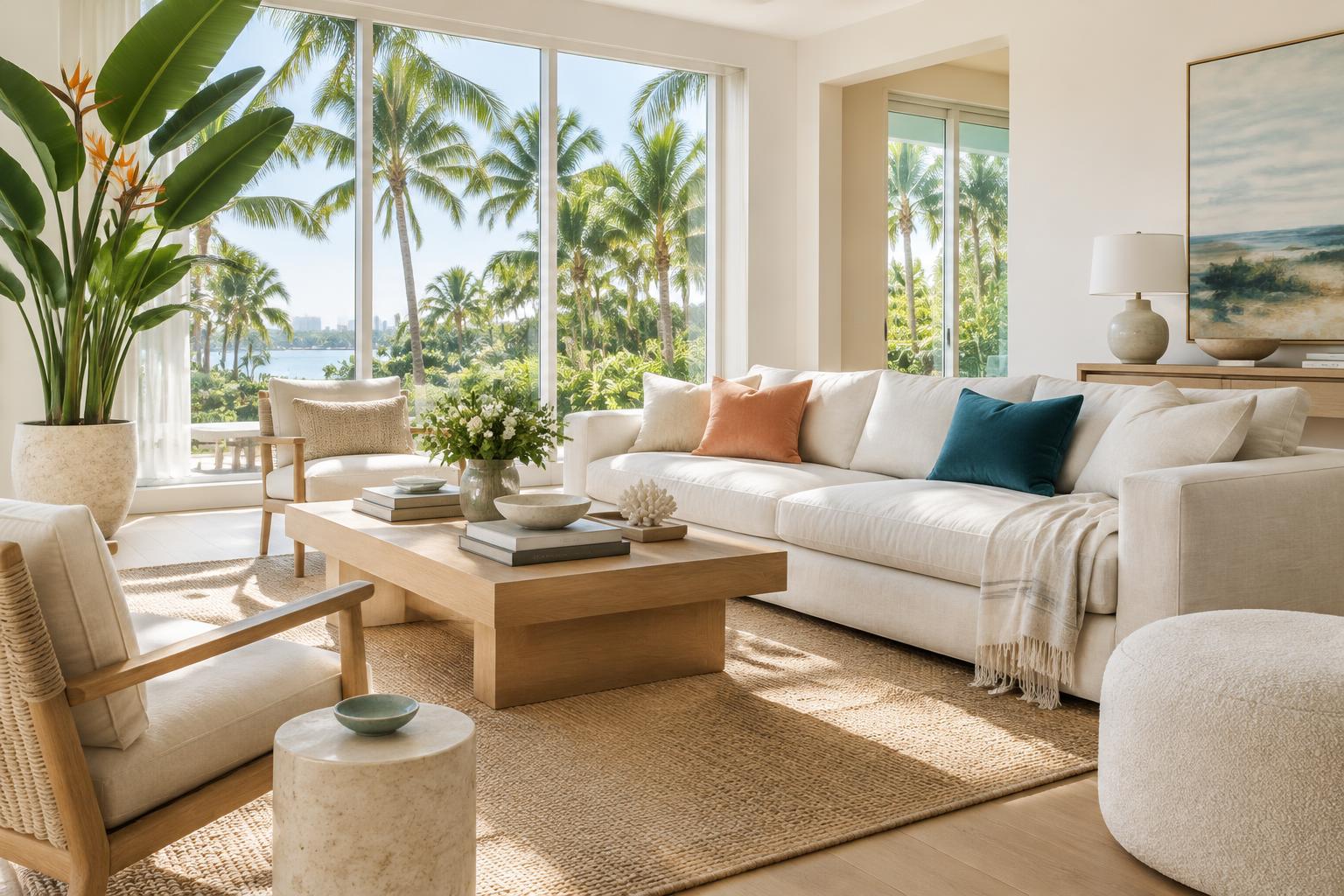 Sunlit coastal living room with warm white walls, coral and teal accents, and palms outside